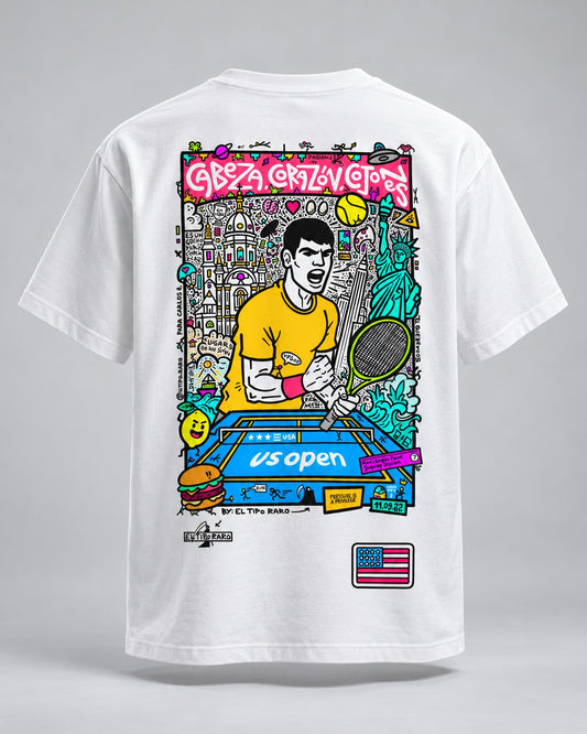 Camiseta Cabeza, Corazón, Cojones (Carlos Alcaraz, US Open) — trasera con la obra completa, El Tipo Raro